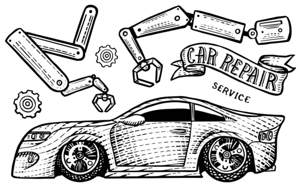 Car with a ribbon and the inscription Repair. Tools for transport service, wrench and instruments. Hand drawn engraved sketch for logo or label or banner. Vector illustration in doodle style. — 스톡 벡터