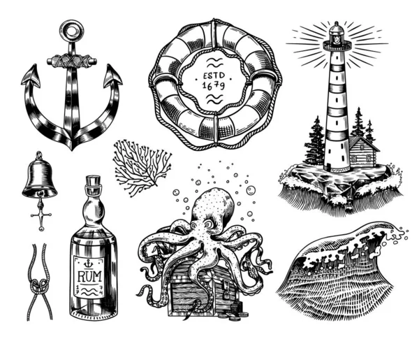 Nautical adventure set. Sea lighthouse, jellyfish and marine octopus and shipping sail, old sailor, ocean waves and lifebuoy. Hand drawn engraved old sketch. — ストックベクタ