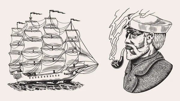 Nautical sailing ship in the sea. Captain or sailor with pipe. Seaman with beard. Seagoing vessel, marine Sailboat, nautical caravel. Water transport in the ocean. Engraved hand drawn in vintage style — Stock Vector