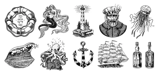 航行探险设置。 海灯塔，美人鱼和海洋船长，章鱼和航运帆，老水手，海浪，海员和救生圈。 手绘老素描. — 图库矢量图片