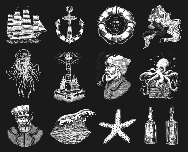 Набор морских приключений. Морской маяк, русалка и капитан, осьминог и судоходный парус, старый моряк, океанские волны, моряк и спасательный круг. Ручной выгравированный старый скетч . — стоковый вектор