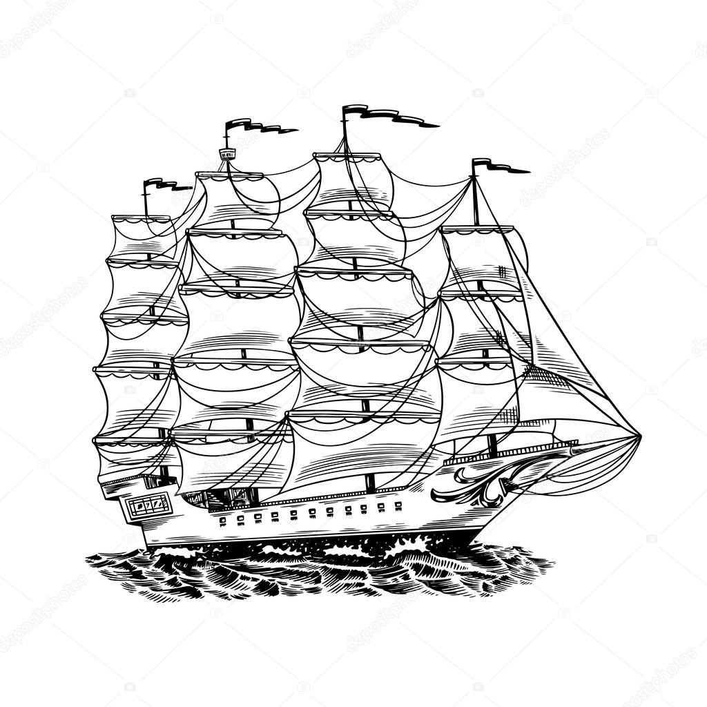 Sailboat in the sea, summer adventure, active vacation. Seagoing vessel, marine ship or nautical caravel. Water transport in the ocean for sailor and captain. Engraved hand drawn in vintage style.