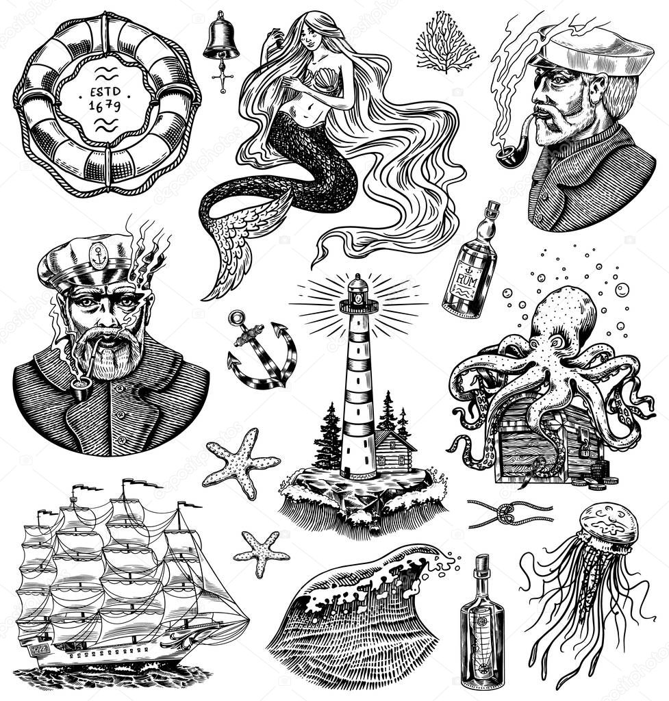 Nautical adventure set. Sea lighthouse, mermaid and marine captain, octopus and shipping sail, old sailor, ocean waves, seaman and lifebuoy. Hand drawn engraved old sketch.