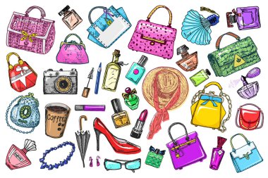 Kızlar için çıkartma aksesuarları. Çantalar, parfümler, ayakkabılar ve kahve. Kadın Koleksiyonu. Elle çizilmiş, eskiz, karalama tarzında eşyalar. Not defterleri veya posterler için yama, düz alan, ağ.