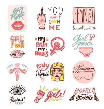  Klasik tarzda feminizm sloganı. Kız gücü ve vücut pozitifliği. Motivasyon Alıntısı. Kadın hakları. Harf cümlesi. Poster ve kartlar için etiket. Doodle ikonu. El çizimi çizim.
