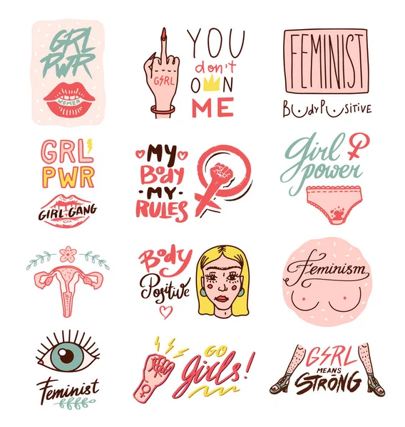 Slogan feminisme dalam gaya vintage. Perempuan kekuatan dan tubuh positif konsep. Kutipan Motivasi. Hak wanita. Huruf frase. Stiker untuk poster dan kartu. Ikon Doodle. Sketsa gambar tangan . - Stok Vektor