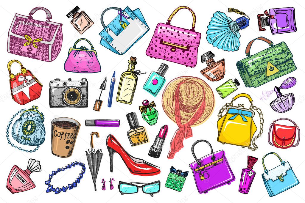 Set of Sticker accessories for girls. Bags and Perfumes, shoes and coffee. Women Collection. Hand drawn engraved vintage sketch, items in doodle style. Patch for notebooks or posters, flat lay, web.