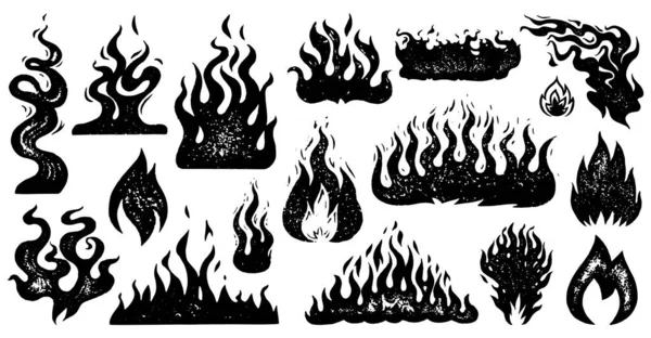 Set of flame and fire in vintage style. Hand drawn engraved monochrome bonfire sketch. Vector illustration for posters, banners and logo. — 스톡 벡터