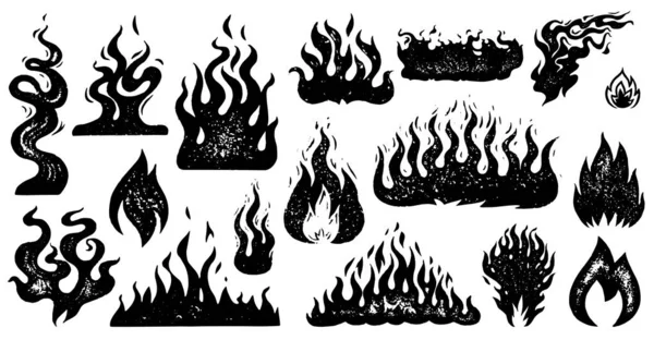 Zestaw ognia i ognia w stylu vintage. Ręcznie rysowany szkic monochromatycznego ogniska. Ilustracja wektorowa plakatów, transparentów i logo. — Wektor stockowy