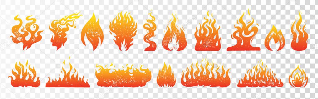 Set of flame and fire on transparent background. Hand drawn engraved monochrome color bonfire. Isolated vintage sketch. Vector illustration for posters, banners and logo