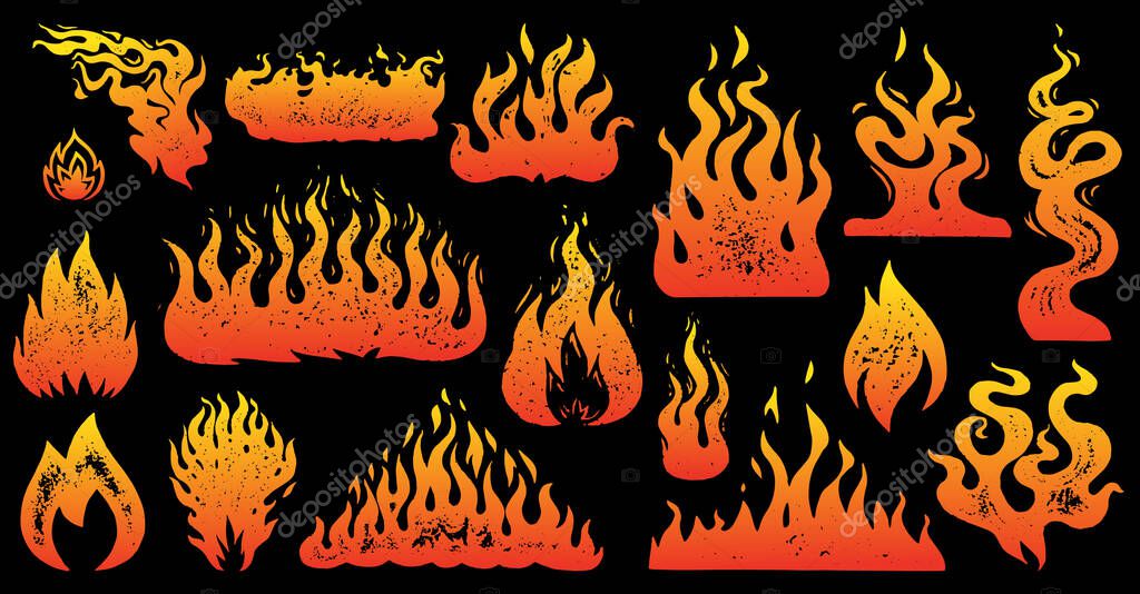 Flame and fire Set in vintage style. Hand drawn engraved monochrome bonfire or burn sketch. Vector illustration for posters, banners and logo
