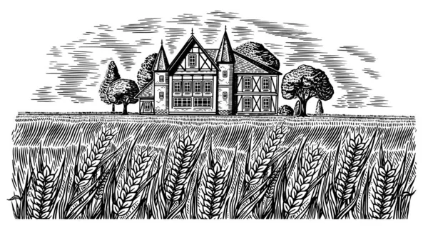 Пивоварня на фоне пшеницы и ячменя. Живописный вид на сельский пейзаж, деревенское поле и холм, ретро деревянное здание. Ручной рисованный монохромный винтажный эскиз для этикетки пива или алкоголя — стоковый вектор