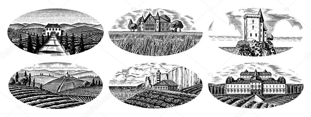 Vineyards Set. Vine plantation for bottle labels. Scenic view of French or Italian engraved landscape. Mountains Rural Fields Wheat Hills. Hand drawn vintage sketch for alcohol, whiskey beer poster.