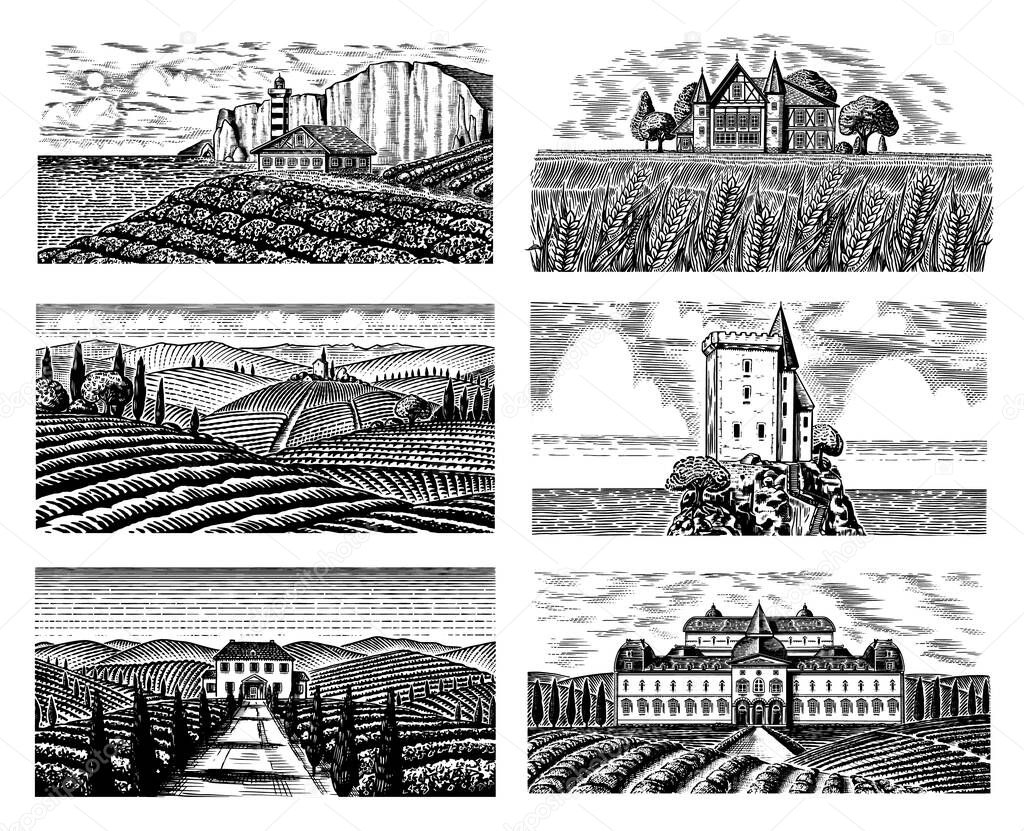Vineyards Set for bottle labels. Vine plantation. Scenic view of French engraved landscape. Mountains Rural Fields Wheat Hills of Tuscany. Hand drawn vintage sketch for alcohol, whiskey beer poster