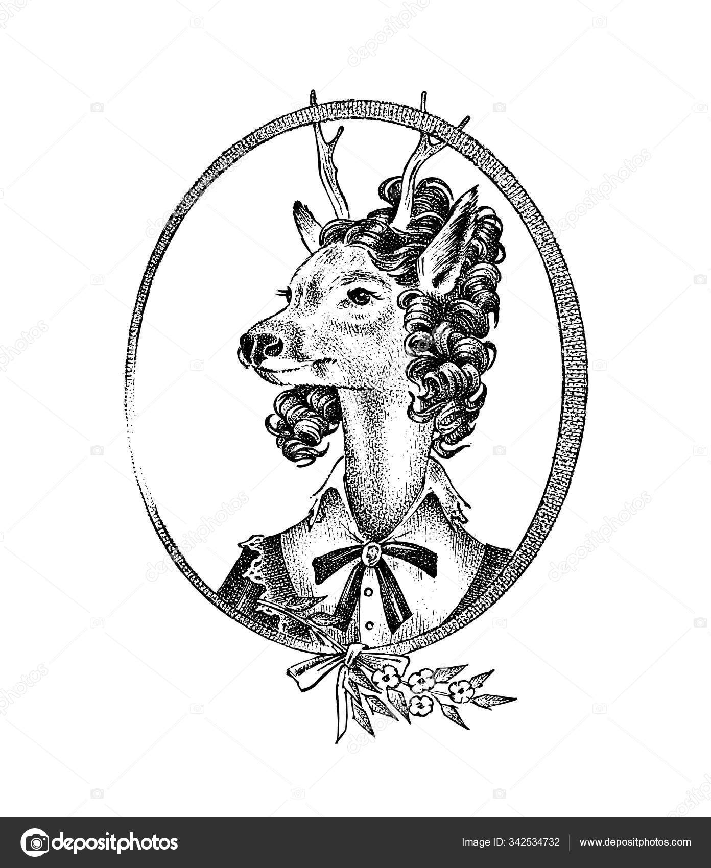 Caráter animal. Veado senhora ou corça com flores. Retrato desenhado à mão.  Gravado velho esboço monocromático para cartão, rótulo ou tatuagem.  Antropomorfismo em estilo hipster . Vetor de ©ArthurBalitskiy 342534732, image size:1392x1700