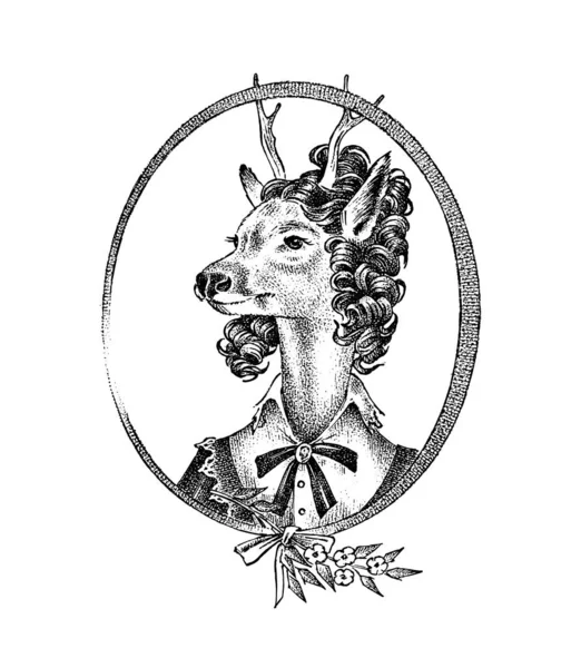 Carácter animal. Ciervos o ciervos con flores. Retrato hecho a mano. Grabado antiguo boceto monocromo para tarjeta, etiqueta o tatuaje. Antropomorfismo en estilo hipster . — Archivo Imágenes Vectoriales