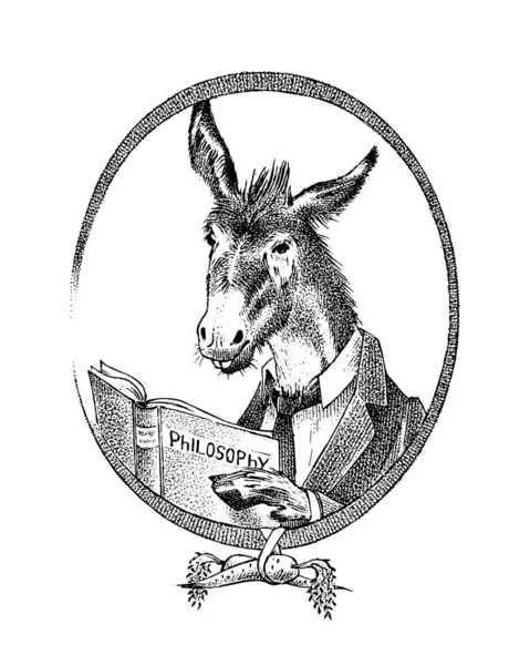 Donkey filosof karaktär eller get tänkare. Handritat Djurpersonporträtt. Graverad monokrom skiss för kort, etikett eller tatuering. Hipsterantropomorfism. — Stock vektor
