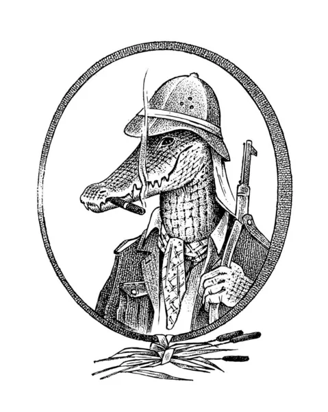 Krokodiljäger oder Safari-Alligator. handgezeichnetes Tierporträt. eingravierte monochrome Skizze für Karte, Etikett oder Tätowierung. Hipster-Anthropomorphismus. — Stockvektor