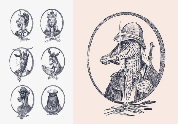 Jeu de caractères animaliers. Chasseur de safari crocodile Lama Cerf dame Morse Chien de chèvre Âne Alpaga. Portrait peint à la main. Croquis monochrome gravé pour carte, étiquette ou tatouage. Anthropomorphisme Hipster . — Image vectorielle