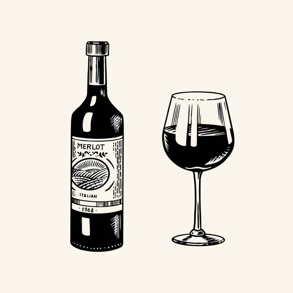 Bir bardak kırmızı şarap ve cam şişe hayat dolu. Alkol ya da köpüklü şampanya. Bar, restoran menüsü için elle çizilmiş eski bir taslak. — Stok Vektör