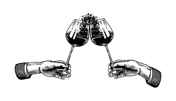 Cheers toast and clink glasses of wine in hand. Celebration concept. Red grape alcoholic drink. Vintage badge. Splashing alcohol Template Label. Semi sweet dry drink. Drawn engraved. — 스톡 벡터