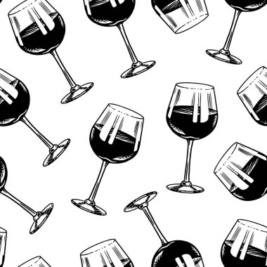 Şarapsız şablon. Alkollü içecek ya da köpüklü şampanya, şişe ve bardak. Klasik poster ya da afiş. Bar, şaraphane ve restoran menüsü için elle çizilmiş bir çizim..