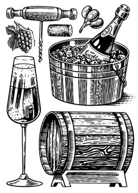 Köpüklü şarap şampanya seti. Elinde alkollü içecek, şişe ve bardak şerefe, buz kovası, tahta fıçı. Tirbuşon zeytin mantarı. Bar, restoran menüsü için oyulmuş çizim.