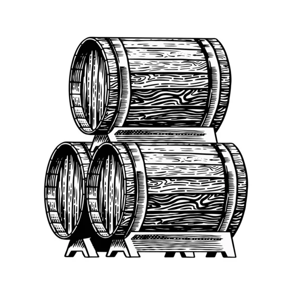 Barril de madeira com álcool. Embarcação com vinho, aguardente ou uísque. Casco em estilo vintage. Desenho à mão esboço gravado para bar, menu de restaurante, banner ou cartaz . — Vetor de Stock