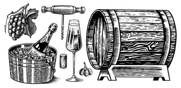 Sparkling wine champagne set. Alcoholic drink in the hand, bottle and glass Cheers, ice bucket, wooden barrel. Grapes Corkscrew Olives Cork. Drawn engraved sketch for bar, restaurant menu. — Stock Vector