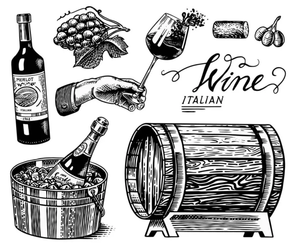 Wine set. Alcoholic drink in the hand. Sparkling champagne, bottle and glass Cheers, ice bucket, wooden barrel. Grapes Corkscrew Olives Cork. Drawn engraved sketch for bar, restaurant menu. — 스톡 벡터