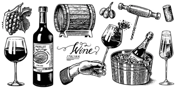 Wine set. Alcoholic drink in the hand. Sparkling champagne, bottle and glass Cheers, ice bucket, wooden barrel. Grapes Corkscrew Olives Cork. Drawn engraved sketch for bar, restaurant menu. — Stock Vector