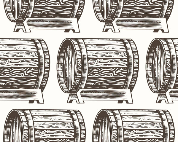 Wooden oak barrels of aged wine or beer. Seamless pattern. Vessels and kegs with alcohol brandy or whiskey. Vintage Cask background. Hand Drawn engraved sketch for bar menu, banner or poster
