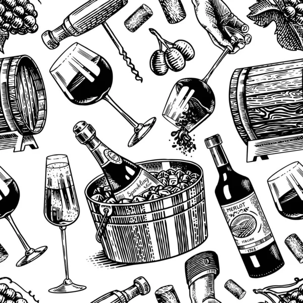 Wine Seamless pattern. Alcoholic drink or Sparkling champagne, bottle and glass Cheers, wooden barrel. Vintage poster or banner. Hand Drawn engraved sketch for bar, winery background, restaurant menu. — 스톡 벡터