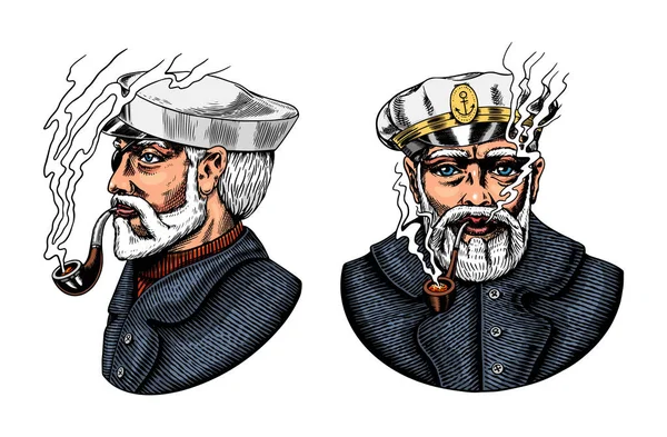 Capitão do mar, marinheiro velho marinheiro com tubo ou bluejacket, marinheiro com barba ou marinheiro homens. viajar de navio ou barco. gravado mão desenhada no velho boho esboço . — Vetor de Stock