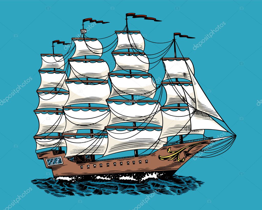 Sailboat in the sea, summer adventure, active vacation. Seagoing vessel, marine ship or nautical caravel on blue background. Water transport in the ocean. Engraved hand drawn in vintage style.