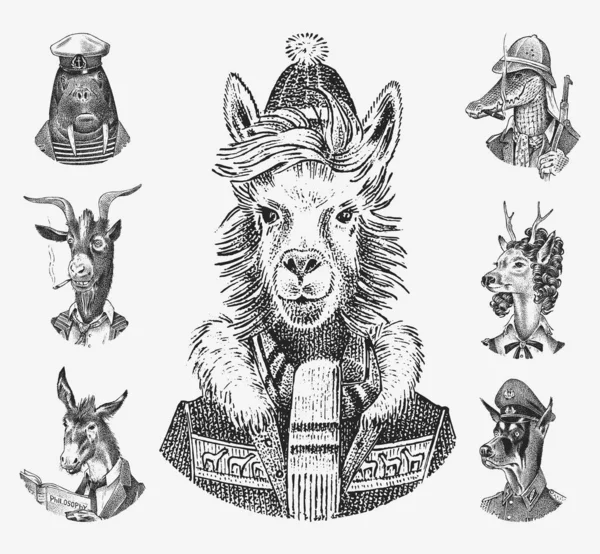 Ζωώδεις χαρακτήρες. Llama σκιέρ Ελάφι κυρία Walrus Crocodile Κάπνισμα Goat Dog Donkey Alpaca. Χειροποίητο πορτραίτο. Χαραγμένο μονόχρωμο σκίτσο για κάρτα, ετικέτα ή τατουάζ. Ανθρωπομορφισμός Hipster. — Διανυσματικό Αρχείο