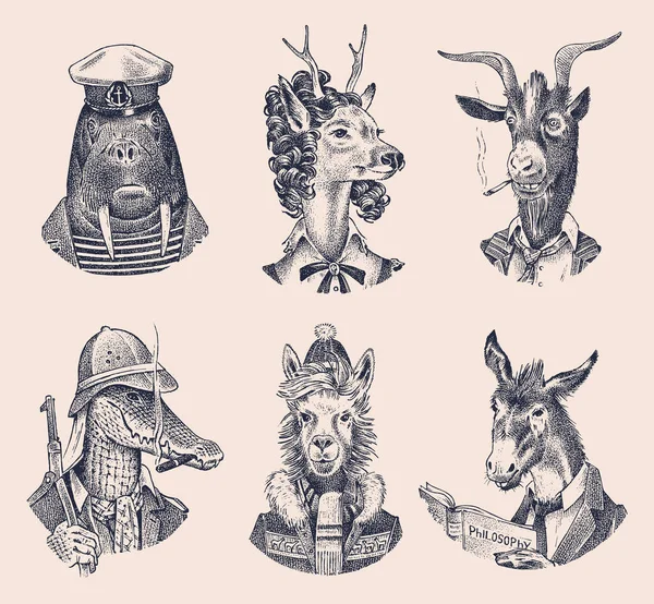 Conjunto de personajes animales. Ciervo señora morsa cocodrilo fumar cabra perro burro alpaca llama esquiador. Retrato hecho a mano. Esbozo monocromático grabado para tarjeta, etiqueta o tatuaje. Hipster Antropomorfismo . — Archivo Imágenes Vectoriales