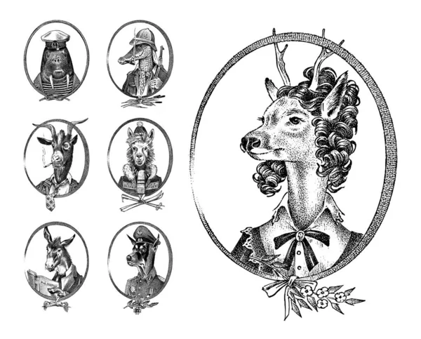 動物のキャラクターセット。鹿の女性のワラスクロコダイル喫煙ヤギ犬ロバAlpacaラマスキーヤー。手描きの肖像画。カード、ラベルやタトゥーのためのモノクロームのスケッチを刻ま。ヒップスター人類学. — ストックベクタ