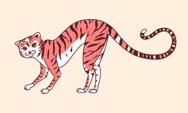 Avcı pozunda oyuncu bir kedi. Miyav gücü. Sevimli hayvan. Logo, etiket, afiş ya da tişört için elle çizilmiş kedi resmi. Taslak klasik karalama tarzında tek renkli Vektör illüstrasyonu.