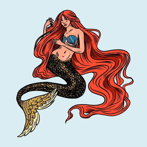 Sea mermaid girl with red hair. Nautical or marine nixie, ocean water nymph or undine. Hand drawn monochrome retro engraved old sketch. Vector illustration for tattoo or emblems. — 스톡 벡터