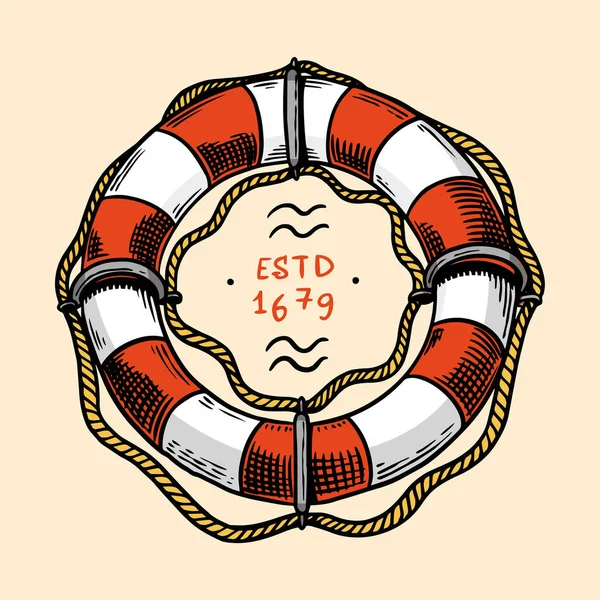 Морской Lifebuoy. Морской или морской буй Кольцо, колесо океанской воды или lifering. Ручная рисованная монохромная ретро-гравировка старого эскиза. Векторная иллюстрация для татуировок или эмблем . — стоковый вектор