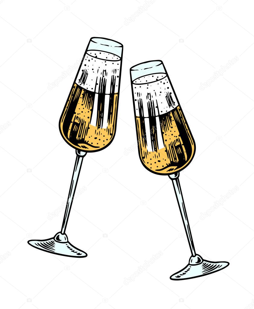 Cheers toast. Clink glasses of champagne or sparkling wine in hand. Celebration concept. Grape alcoholic drink. Vintage badge. Splashing alcohol Template Label. Semi sweet dry drink. Drawn engraved.