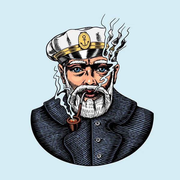 Sea captain, marine old sailor with pipe or bluejacket, seaman with beard or men seafarer. Travel by ship or boat. Engraved hand drawn in old boho sketch. — Stock Vector