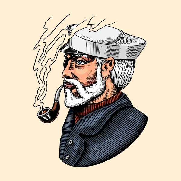 Capitán de mar, marinero viejo marino con pipa o jaqueta azul, marinero con barba o marinero de hombres. viaje en barco o barco. mano grabada dibujada en viejo boceto boho . — Vector de stock