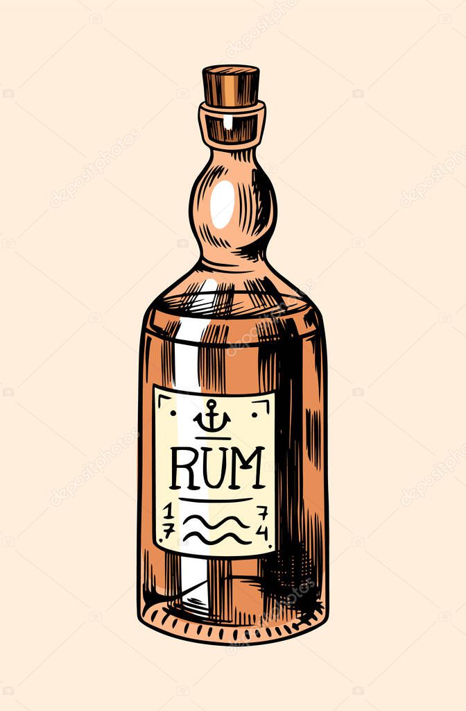 Sea glass bottle of rum. Nautical or marine alcohol, ocean drink of pirates and sailors. Hand drawn monochrome retro engraved old sketch. Vector illustration for tattoo or emblems