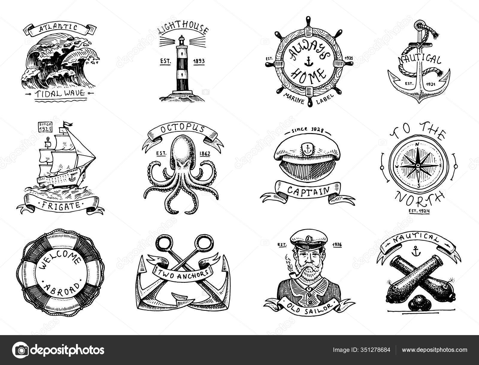 Emblemas marinos y náuticos. Conjunto de grabados vintage, dibujado a mano  mar viejo, etiquetas oceánicas o, image size:1600x1220