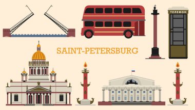 Rusya 'da St. Petersburg. Avrupa kentsel tarzı. Şehir otobüsü, St. Isaacs Katedrali, telefon kulübesi, kraliyet sarayı köprüsü. Pankart ve çıkartmalar için elementler. Eski simge koleksiyonu