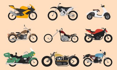 Set of motorcycle or motorbike, bike or extreme cycle. Retro street scooter and modern cruiser or moped. Collection transports for road racing. clipart
