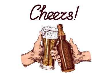 Şerefe. Elde bira. Klasik Alkolik Etiketi. Kupa ve şişe. Amerikan Ekim Festivali afişi ya da afişi. Web, parti ya da bar menüsü için elle çizilmiş skeç.