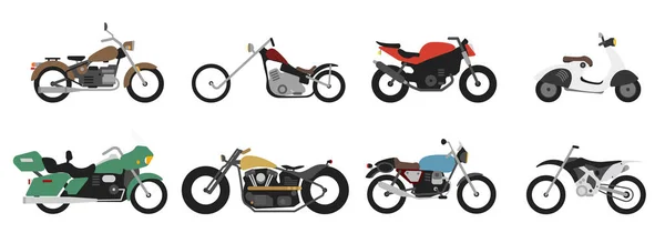 Set von Motorrad oder Motorrad, Fahrrad oder Extremrad. Retro Streetscooter und modernes Cruiser oder Moped. Sammeltransporte für Straßenrennen. — Stockvektor